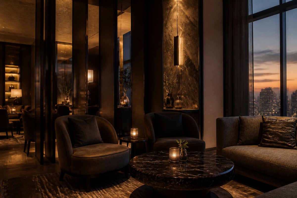 Szállodai lounge esti fényben – üres pihenőtér